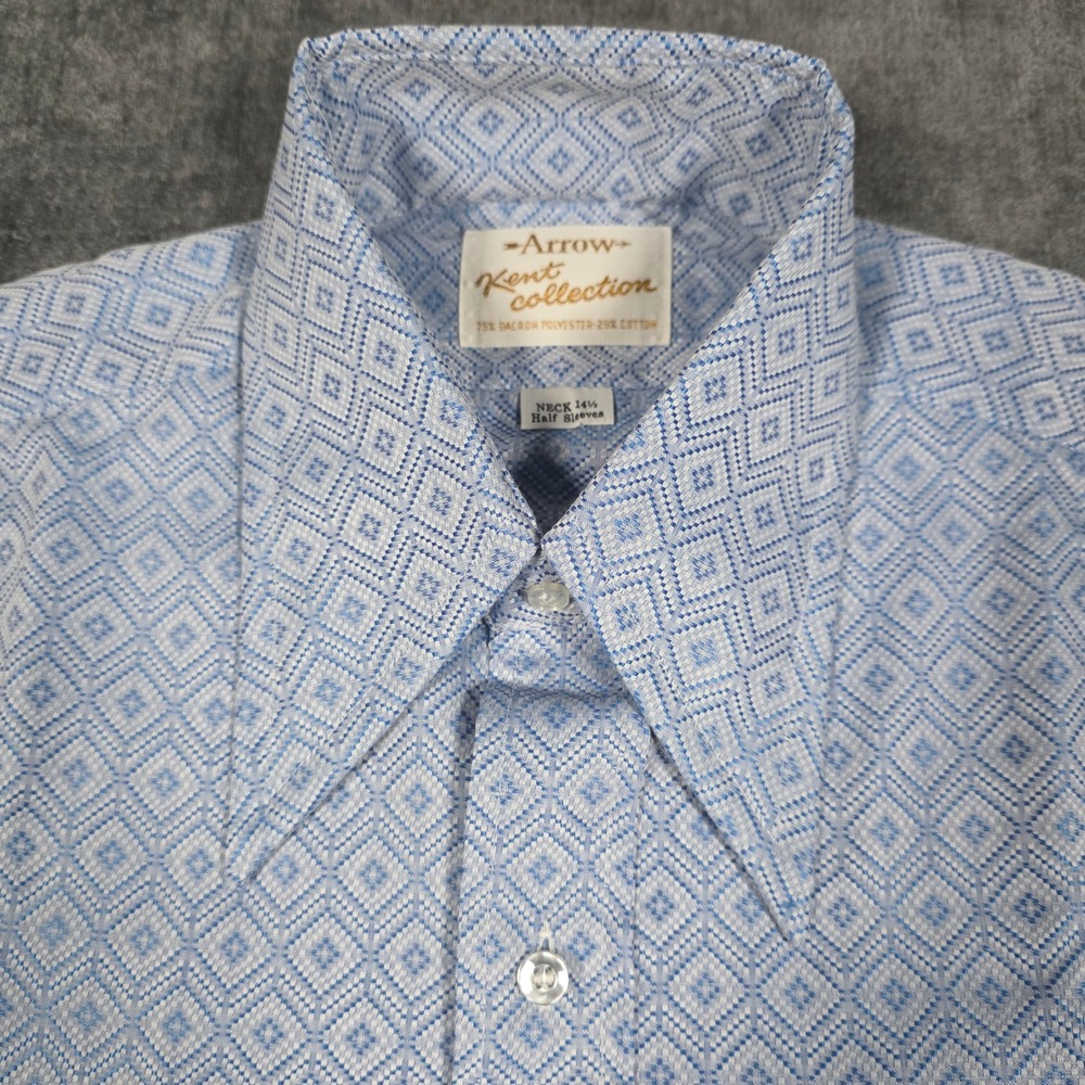Vtg 70s Dagger Collar Shirt Arrow Kent Collection Blue Geometric Diamond 14.5